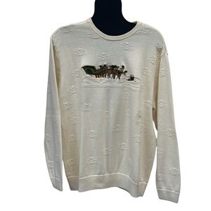Roundtree & Yorke Mens‎ XL Cream Cotton Christmas Sweater Santa Sleigh Snowflake